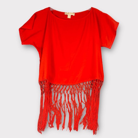 Michael Kors Tops - Michael Kors Short Sleeve Fringed Hem Top Blouse Orange Red Womens Boho Medium